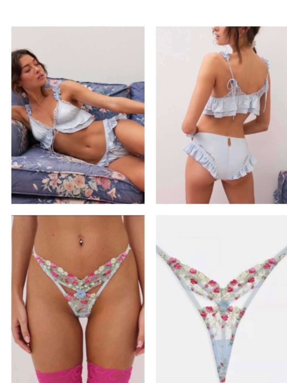For Love & Lemons Butterfly Lace Satin Ruffled Cami SET & Aurelia Thong-XL-NWT